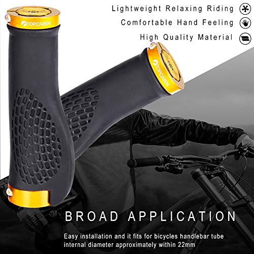 TOPCABIN Bike Grips,Ergonomic Design Bicycle Grips Widen Holding Rubber Bike Handlebar Grips with Aluminum LockGrips for Bike Mountain Road MTB (Aluminum Lock Plug+Grips (Gold 1 Pair))