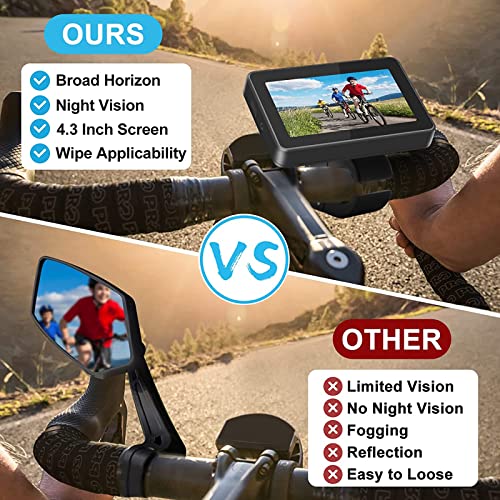 PARKVISION Bike Mirror,1080P AHD Bicycle Rear View Camera with 4.3''Screen,360°Rotatable Bracket DIY Installation Bike Handlebar Mirror,Crystal Night Vision with 110°Appropriate Angle for Most Bikes
