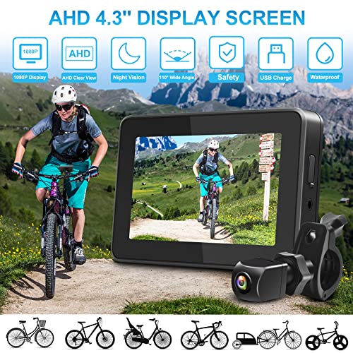 PARKVISION Bike Mirror,1080P AHD Bicycle Rear View Camera with 4.3''Screen,360°Rotatable Bracket DIY Installation Bike Handlebar Mirror,Crystal Night Vision with 110°Appropriate Angle for Most Bikes