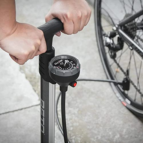 Beto Bike Pump Portable - Bicycle Floor Pump with Industrial Top-Mounted Gauge & Air Bleed Button - Presta Schrader Dunlop Valve Universal, Steel Tube 160 Psi Max