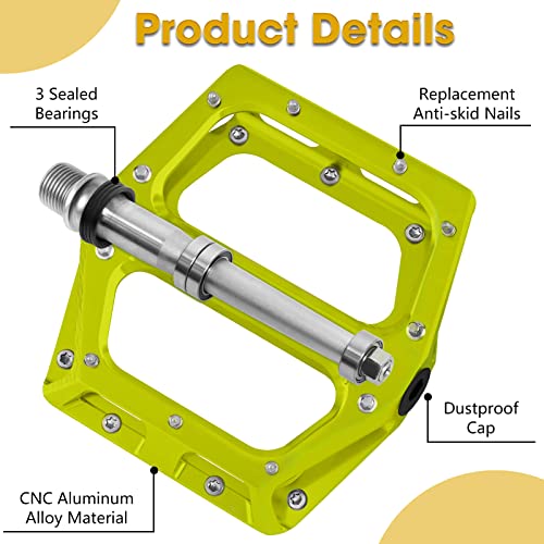 Alston Bike Pedals Bicycle Pedals CNC Bike Platform Pedals 3 Bearings 9/16 Aluminum Alloy Bicycle Pedals Flat Pedals with Anti-Skid Nails for BMX Mountain Road Bike