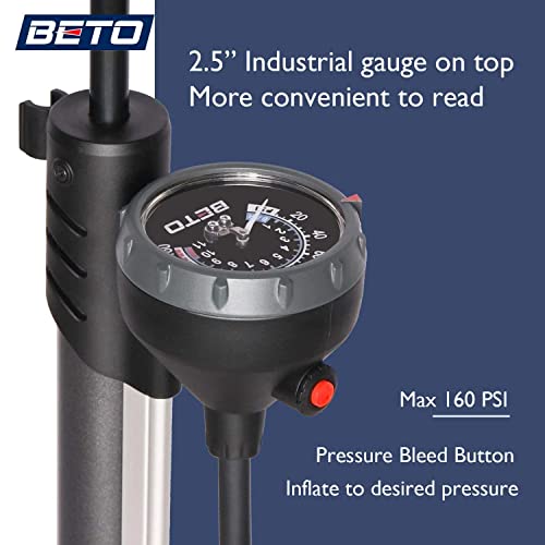 Beto Bike Pump Portable - Bicycle Floor Pump with Industrial Top-Mounted Gauge & Air Bleed Button - Presta Schrader Dunlop Valve Universal, Steel Tube 160 Psi Max
