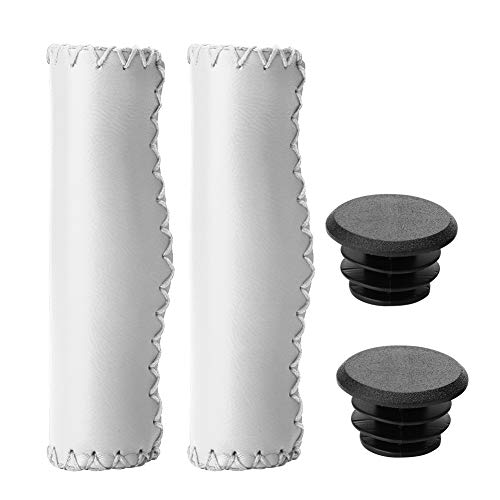 VGEBY1 Bike Handle Bar End Grips, Bicycle Handlebar Grips Hand-Stitched PU Cycling Grips Accessory with Plug(White)
