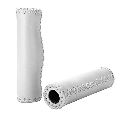 VGEBY1 Bike Handle Bar End Grips, Bicycle Handlebar Grips Hand-Stitched PU Cycling Grips Accessory with Plug(White)