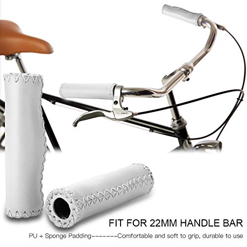 VGEBY1 Bike Handle Bar End Grips, Bicycle Handlebar Grips Hand-Stitched PU Cycling Grips Accessory with Plug(White)