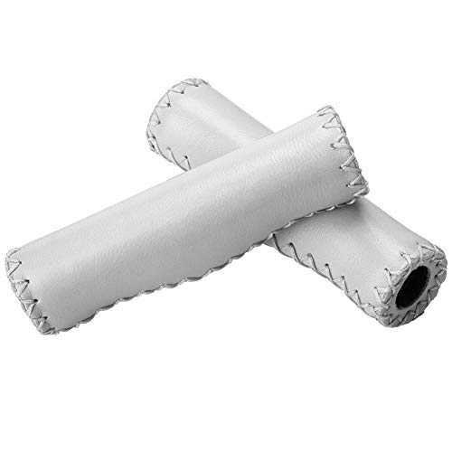 VGEBY1 Bike Handle Bar End Grips, Bicycle Handlebar Grips Hand-Stitched PU Cycling Grips Accessory with Plug(White)