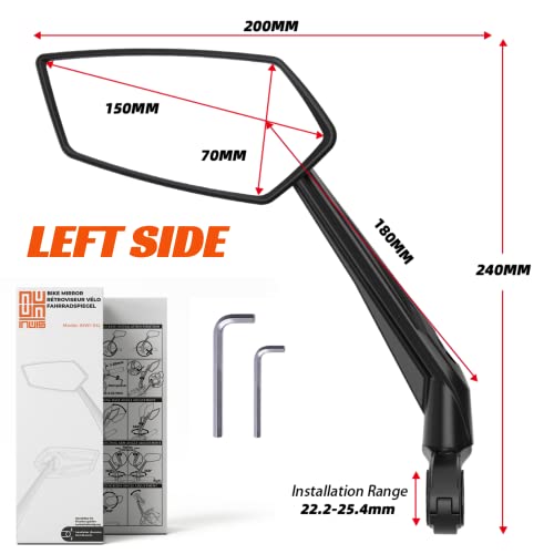 Bike Rear View Mirror -Left side- 360° Rotative Fiberglass Arm - Innovative Impact Absorption - Anti-Reflective Coating - Wide Angle - Easy Set Up - Fits Handlebars Ø22.2-Ø25.4mm (LEFT SIDE)