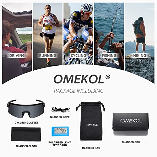 OMEKOL Polarized Sports Sunglasses Cycling Glasses UV400 Mountain Bike Goggles MTB Riding Bicycle Eyewear Men Women Baseball Running Fishing Golf Outdoor - Black Frame/Black Lens