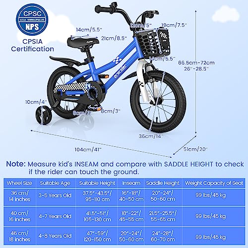 BABY JOY Kids Bike, 14 16 18 Inches Children Bikes for Boys Girls Age 3-8 Years w/Training Wheels, Handbrake, Coaster Brake & Removable Basket, Kids’ Bicycles of Multiple Colors