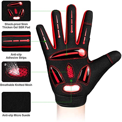 Cycling Gloves Bike Gloves Biking Gloves for Men Women,Touchscreen Full Finger Shock-absorbing Mountain Bike Gloves,5MM Gel Pads MTB Road Bicycle Gloves for Running,Hiking,Outdoor Sports-Red-M