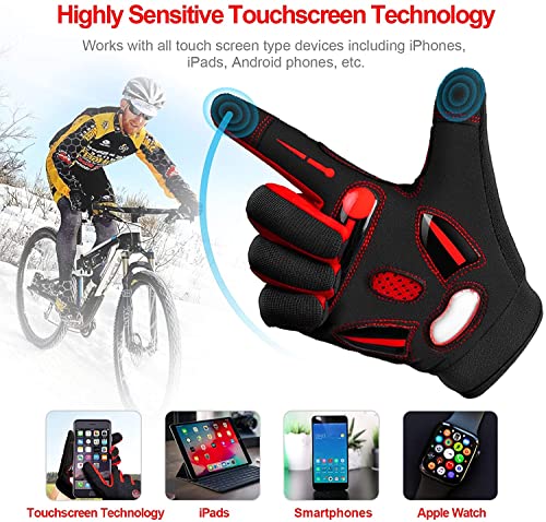 Cycling Gloves Bike Gloves Biking Gloves for Men Women,Touchscreen Full Finger Shock-absorbing Mountain Bike Gloves,5MM Gel Pads MTB Road Bicycle Gloves for Running,Hiking,Outdoor Sports-Red-M