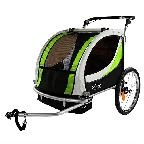 ClevrPlus Deluxe 3-in-1 Double 2 Seat Bicycle Bike Trailer Jogger Stroller for Kids Children | Foldable w/Pivot Front Wheel, Green