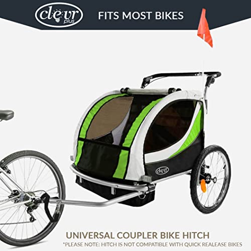 ClevrPlus Deluxe 3-in-1 Double 2 Seat Bicycle Bike Trailer Jogger Stroller for Kids Children | Foldable w/Pivot Front Wheel, Green