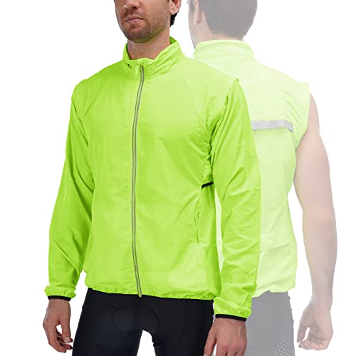 qualidyne Men's Cycling Running Jacket Hooded Bike Windbreaker Vest Removable Sleeves Reflective Lightweight Windproof Coat