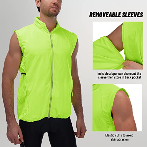 qualidyne Men's Cycling Running Jacket Hooded Bike Windbreaker Vest Removable Sleeves Reflective Lightweight Windproof Coat