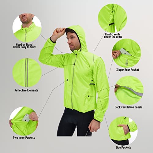 qualidyne Men's Cycling Running Jacket Hooded Bike Windbreaker Vest Removable Sleeves Reflective Lightweight Windproof Coat