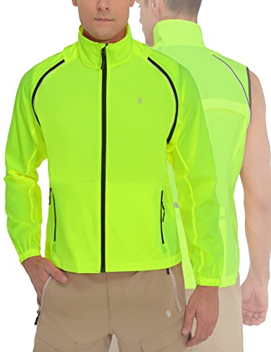 Little Donkey Andy Men's Quick-Dry Running Jacket, Convertible UPF 50+ Cycling Jacket Windbreaker with Removable Sleeves, Fluorescent Yellow L