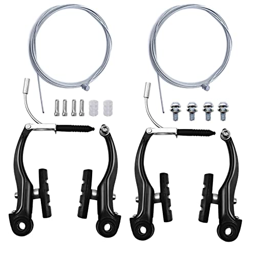 Hmseng 2 Pairs Bike Brakes, Universal Complete V Bike Brakes Set, Mountain Bike Replacement for Most Bicycle,Road Bike Brakes Cables with Front Back Wheels End Caps,End Ferrules -Black
