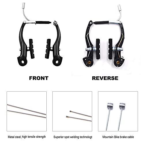Hmseng 2 Pairs Bike Brakes, Universal Complete V Bike Brakes Set, Mountain Bike Replacement for Most Bicycle,Road Bike Brakes Cables with Front Back Wheels End Caps,End Ferrules -Black