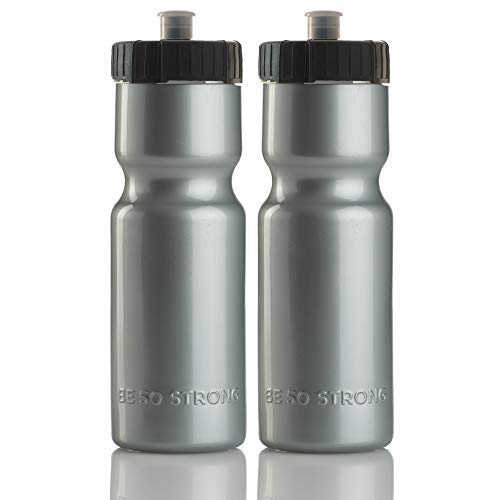 50 Strong Bike Water Bottle Holder and Bottle Combo | 2-Pack Bike Water Bottles & Water Bottle Cage | 22 oz Sports Squeeze Water Bottle with Pull Top Cap | Easy to Install Bike Cage | Made in USA