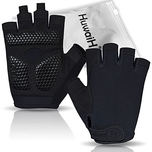 HuwaiH Cycling Gloves for Men/Women Anti Slip Shock Absorbing Biking Gloves Half Finger Gel Pad Bicycle Gloves Breathable Bike Gloves (Black, Large)