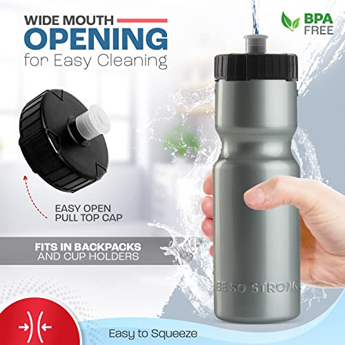 50 Strong Bike Water Bottle Holder and Bottle Combo | 2-Pack Bike Water Bottles & Water Bottle Cage | 22 oz Sports Squeeze Water Bottle with Pull Top Cap | Easy to Install Bike Cage | Made in USA
