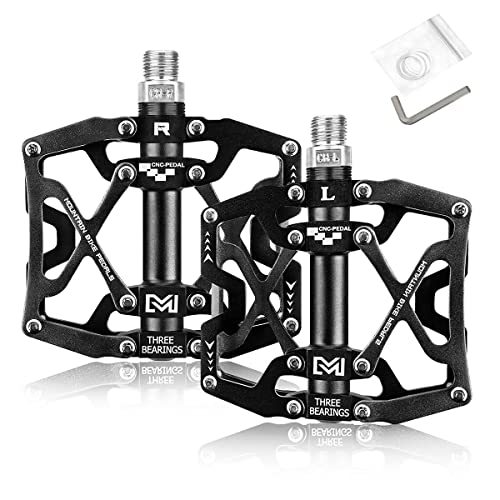 Mountain Bike Pedals Bicycle Pedal, BRGOOD Metal Bike Pedals 3 Sealed Bearings Flat Pedals Aluminum Alloy Cycling Pedal Platform for Mountain BMX MTB 9/16''(with Wrench and Shims)