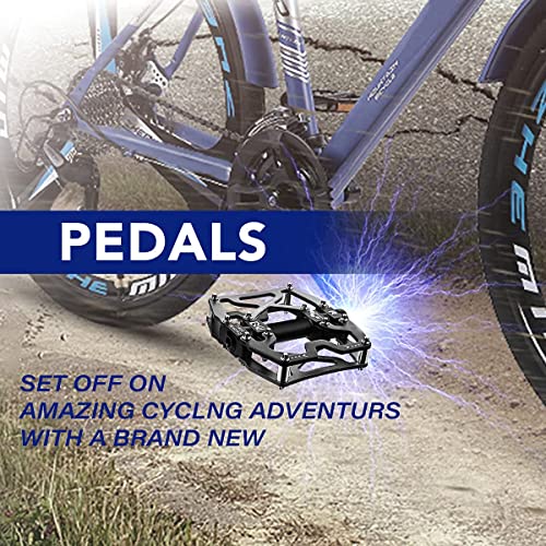Mountain Bike Pedals Bicycle Pedal, BRGOOD Metal Bike Pedals 3 Sealed Bearings Flat Pedals Aluminum Alloy Cycling Pedal Platform for Mountain BMX MTB 9/16''(with Wrench and Shims)