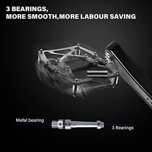 Mountain Bike Pedals Bicycle Pedal, BRGOOD Metal Bike Pedals 3 Sealed Bearings Flat Pedals Aluminum Alloy Cycling Pedal Platform for Mountain BMX MTB 9/16''(with Wrench and Shims)