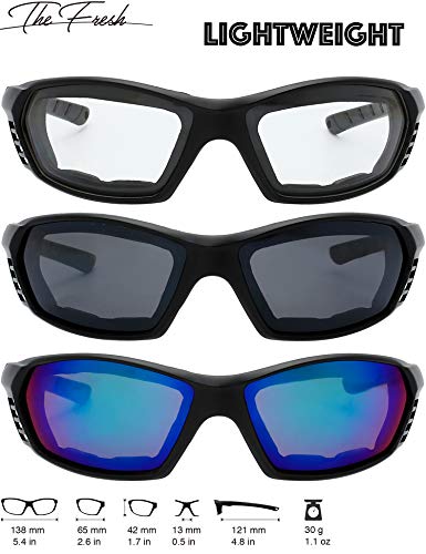 The Fresh Motorcycle Riding Glasses Padded Frame Lens Block 100% UVB for Outdoor Activity Sport (25M-Matte Black, Clear, Grey, & Green Mirror)