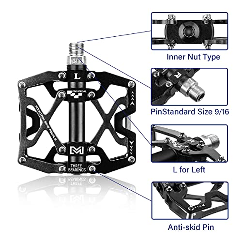 Mountain Bike Pedals Bicycle Pedal, BRGOOD Metal Bike Pedals 3 Sealed Bearings Flat Pedals Aluminum Alloy Cycling Pedal Platform for Mountain BMX MTB 9/16''(with Wrench and Shims)
