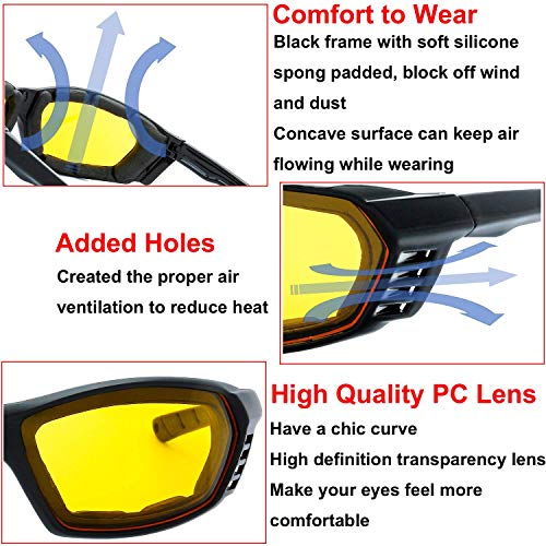 The Fresh Motorcycle Riding Glasses Padded Frame Lens Block 100% UVB for Outdoor Activity Sport (25M-Matte Black, Clear, Grey, & Green Mirror)