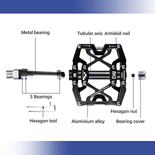 Mountain Bike Pedals Bicycle Pedal, BRGOOD Metal Bike Pedals 3 Sealed Bearings Flat Pedals Aluminum Alloy Cycling Pedal Platform for Mountain BMX MTB 9/16''(with Wrench and Shims)