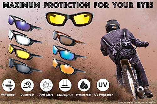 The Fresh Motorcycle Riding Glasses Padded Frame Lens Block 100% UVB for Outdoor Activity Sport (25M-Matte Black, Clear, Grey, & Green Mirror)