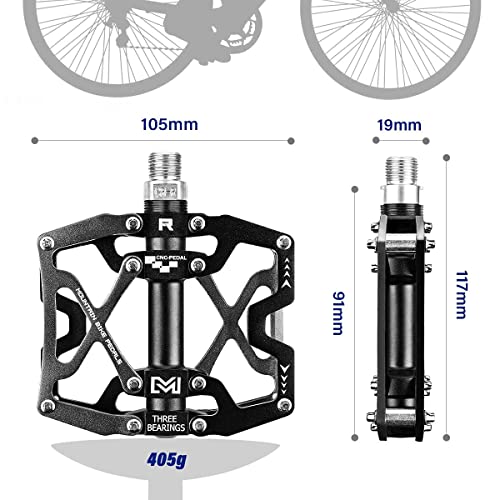 Mountain Bike Pedals Bicycle Pedal, BRGOOD Metal Bike Pedals 3 Sealed Bearings Flat Pedals Aluminum Alloy Cycling Pedal Platform for Mountain BMX MTB 9/16''(with Wrench and Shims)