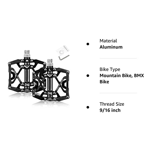 Mountain Bike Pedals Bicycle Pedal, BRGOOD Metal Bike Pedals 3 Sealed Bearings Flat Pedals Aluminum Alloy Cycling Pedal Platform for Mountain BMX MTB 9/16''(with Wrench and Shims)