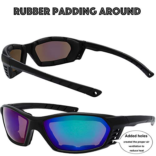 The Fresh Motorcycle Riding Glasses Padded Frame Lens Block 100% UVB for Outdoor Activity Sport (25M-Matte Black, Clear, Grey, & Green Mirror)