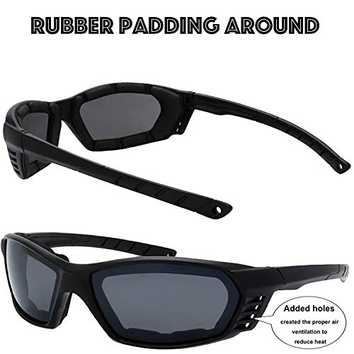 The Fresh Motorcycle Riding Glasses Padded Frame Lens Block 100% UVB for Outdoor Activity Sport (25M-Matte Black, Clear, Grey, & Green Mirror)