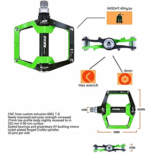 Shanmashi Black Green MTB Pedals with Non-Slip Studs
