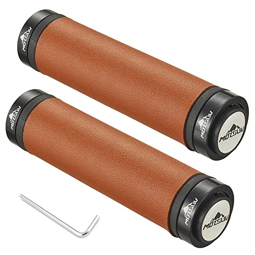 Bike PU Leather Handlebar Grips in 130mm with Hand-Stitched Seam for 22.2mm (7/8") with Aluminum Alloy Double Lock on Bicycle Handle bar Allen Wrench for Free (Brown)