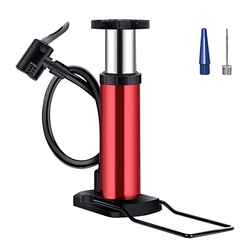 Bike Pump, Mini Bicycle Pump Portable Bike Floor Pump with Presta and Schrader Valves Aluminum Alloy Floor Bicycle Air Pump Compact Mini Bike Tire Pump, Extra Valve and Gas Needle for All Bike -Red