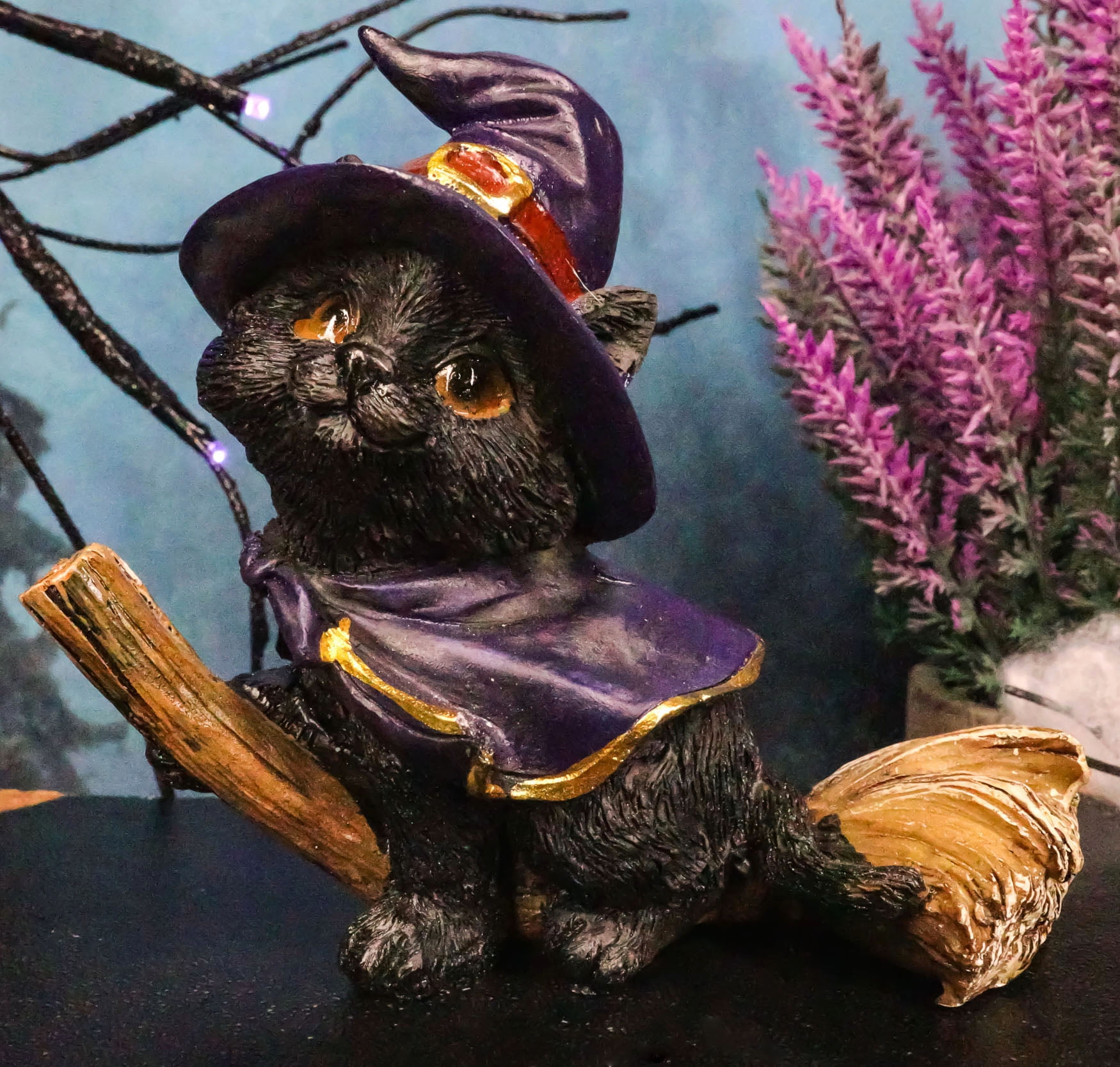 Witchy Black Cat on Broomstick Figurine