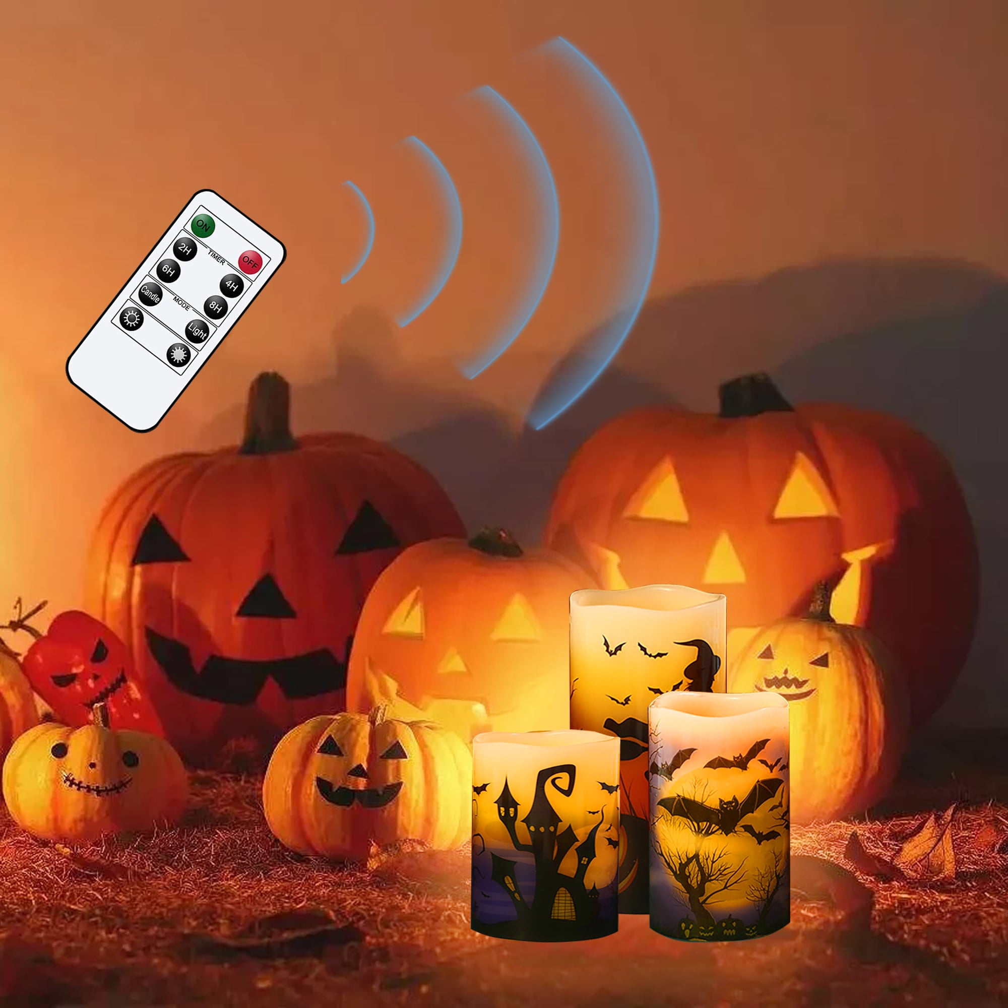 Flameless LED Halloween Pillar Candles with Remote