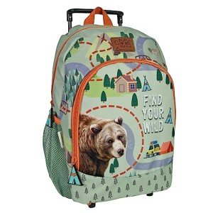 PERLETTI Sac a Dos Enfant avec Roues Tissu Recyclé Imprimé Animal - Petit Sac de Voyage à roulettes Amovible Gris Détails Réfléchissants - Petite Cartable Ecologique Garcon - 36x25x15 cm (Ours Brun)
