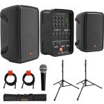 JBL Professional EON208P Portable All-in-One 2-Way PA System (8-Channel Mixer and Bluetooth) Bundle with Auray SS-47S-PB Speaker Stand with Carrying Case, Vocal Microphone, and 2X XLR Cables