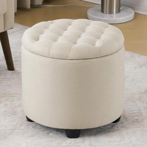 Beige Button Tufted Storage Foot Rest Ottoman