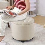 Beige Button Tufted Storage Foot Rest Ottoman