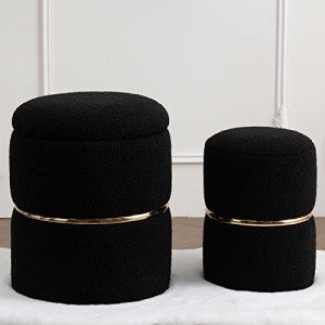 Round Black Velvet Foot Rest Ottoman Set of 2