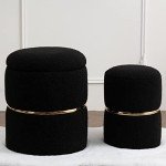 Round Black Velvet Foot Rest Ottoman Set of 2