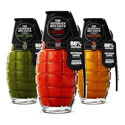 The General’s Hot Sauce Triple Threat - American Grown, Veteran Owned | 3 pack | 6 fl. Oz. bottles | All natural, gourmet hot sauce gift set in glass grenade bottles with metal dog tag. Made in USA with aged American grown peppers. Dead Red | Grunt Green | Shock & Awe